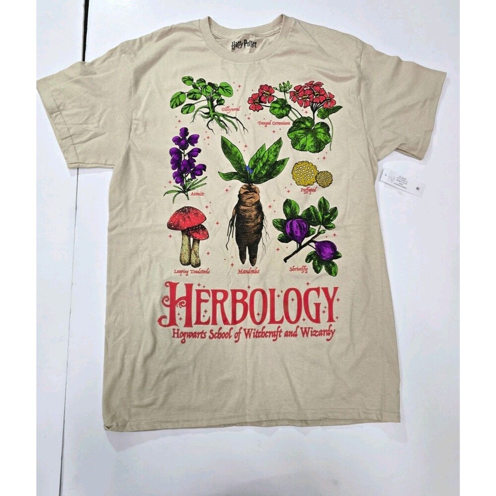 Harry Potter Herbology Hogwarts Beige Graphic Tee Mens M Cotton Crew Neck